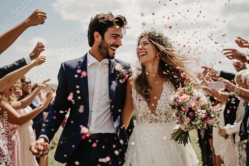 Newlywed couple walking happily while friends and family throwing confetti on couple at the wedding ceremony in front of the church
