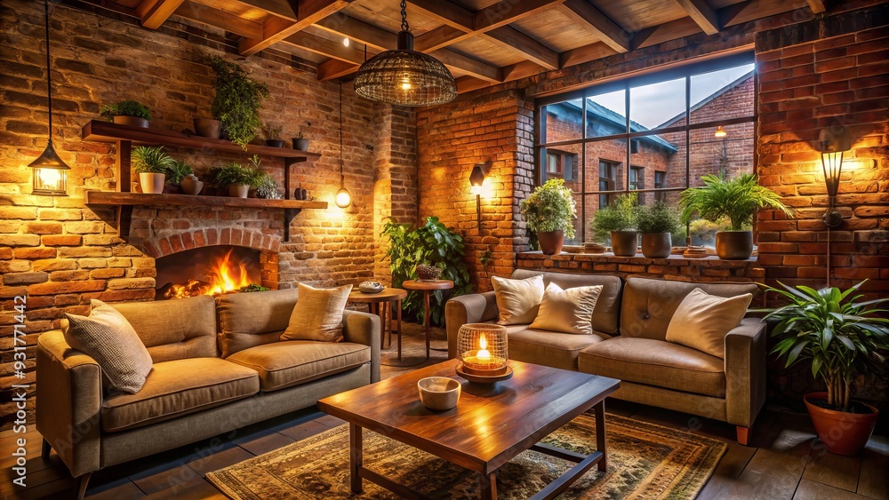 Soft lighting and earthy tones evoke a sense of calm, while exposed brick adds a touch of industrial chic, creating a cozy hideaway perfect for relaxation.
