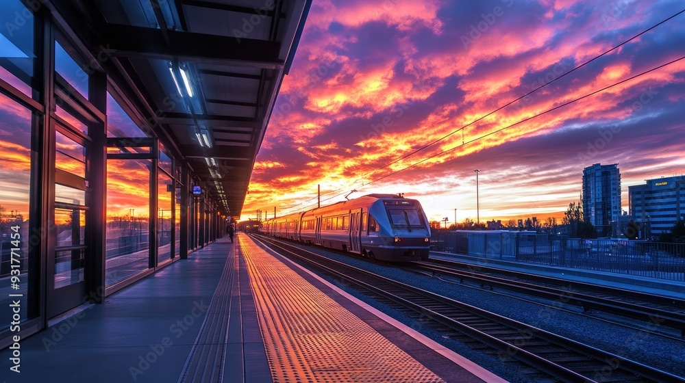 A train approaches the station as the sky bursts with colors of a sunrise. Vibrant and dynamic scene of urban travel. A train approaches the station as the sky bursts with colors of a sunrise. Vibrant and dynamic scene of urban travel.
