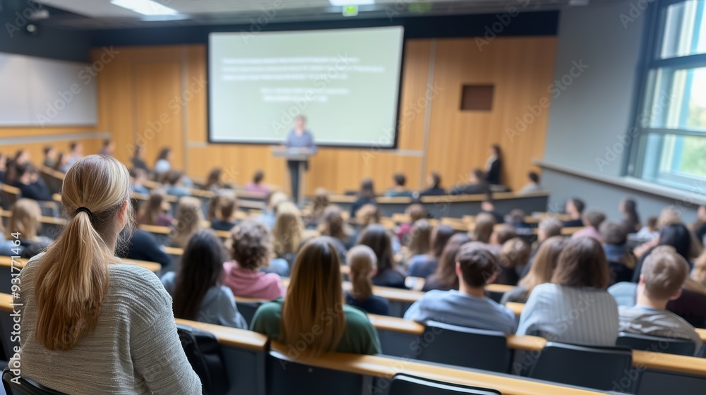 Obraz premium Group of students listening to a speaker during an educational lecture in a spacious, well-lit auditorium