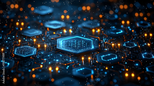 Tech-inspired abstract background, hexagon and circuits