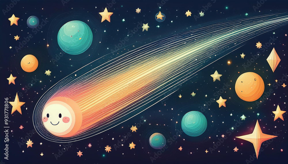 Fototapeta premium Comet flying through galaxy and constellations. Adorable animated figure in simple fashion for event card artwork. Drawing.