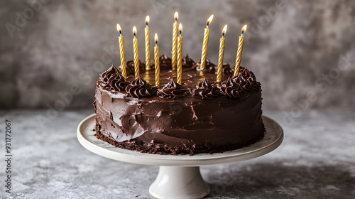 Chocolate fudge cake decorated with gold birthday candles