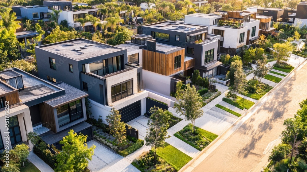 Fototapeta premium Aerial view of a row of modern houses with clean lines and open spaces, capturing the essence of contemporary living.