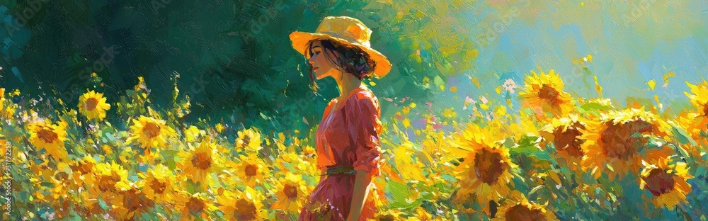 Fototapeta premium Charming young lady in a vibrant sunflower garden