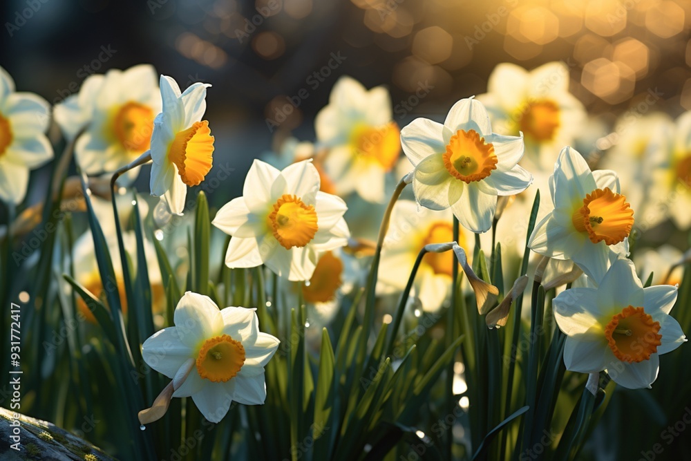 Fototapeta premium Amazing white daffodils flowers bask sunlight amidst image