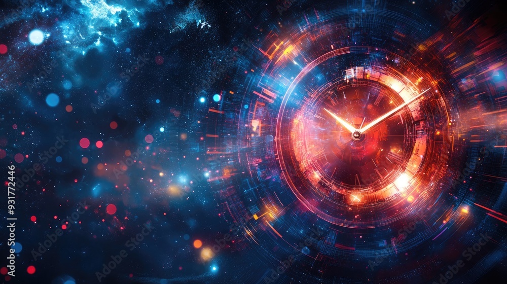 Obraz premium An abstract representation of time, with a clock in space, its hands glowing as they move across a cosmic background.