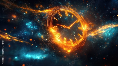 An abstract representation of time, with a clock in space, its hands glowing as they move across a cosmic background.