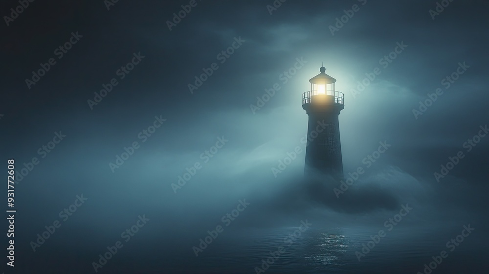 Beacon of light from a solitary lighthouse guiding ships through a foggy night towards a welcoming harbor. Beacon of light from a solitary lighthouse guiding ships through a foggy night towards a welcoming harbor.