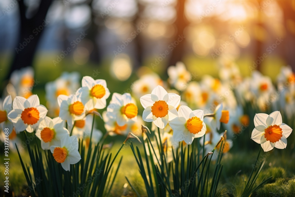 Obraz premium Amazing white daffodils flowers bask sunlight amidst image