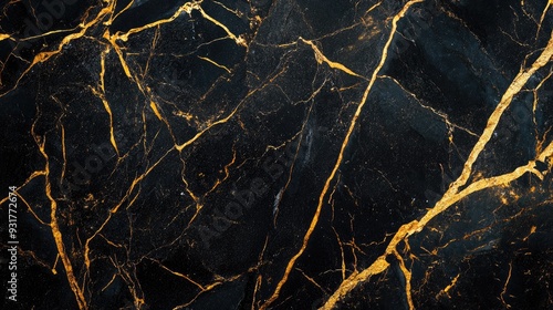 Black marble surface with rich gold streaks, exuding opulence and class, perfect for a sleek, modern aesthetic.