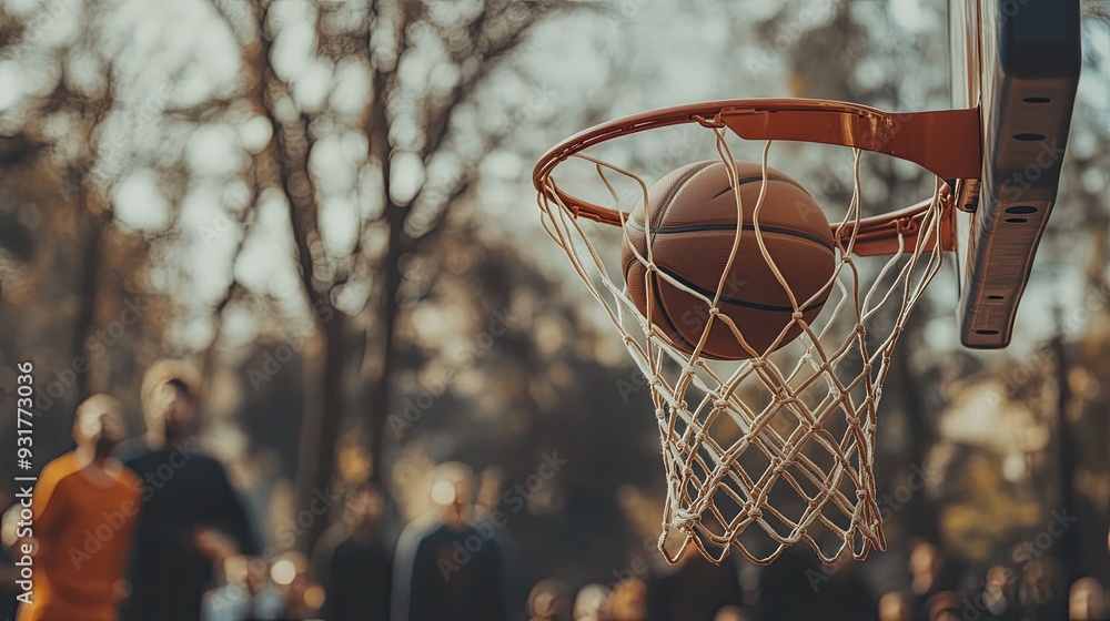Close-up of a basketball going through the hoop, captured mid-air, with spectators blurred in the background. Close-up of a basketball going through the hoop, captured mid-air, with spectators blurred in the background.