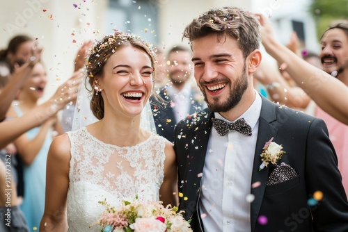 Newlywed couple walking happily while friends and family throwing confetti on couple at the wedding ceremony in front of the church