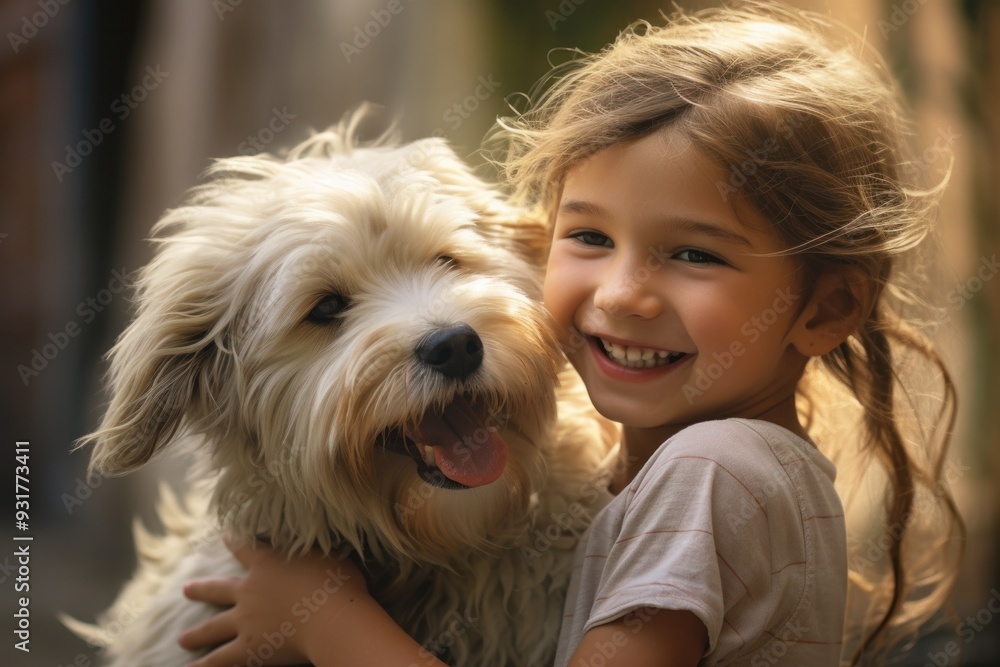 Happy joyful satisfied laughing child hugging beloved fluffy dog Happy joyful satisfied laughing child hugging beloved fluffy dog