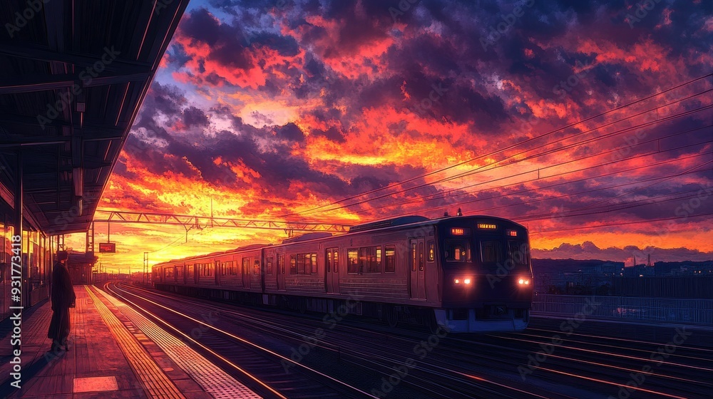 Commuter train arriving at a station with a breathtaking sunset in the background. The sky filled with warm, vivid colors. Commuter train arriving at a station with a breathtaking sunset in the background. The sky filled with warm, vivid colors.