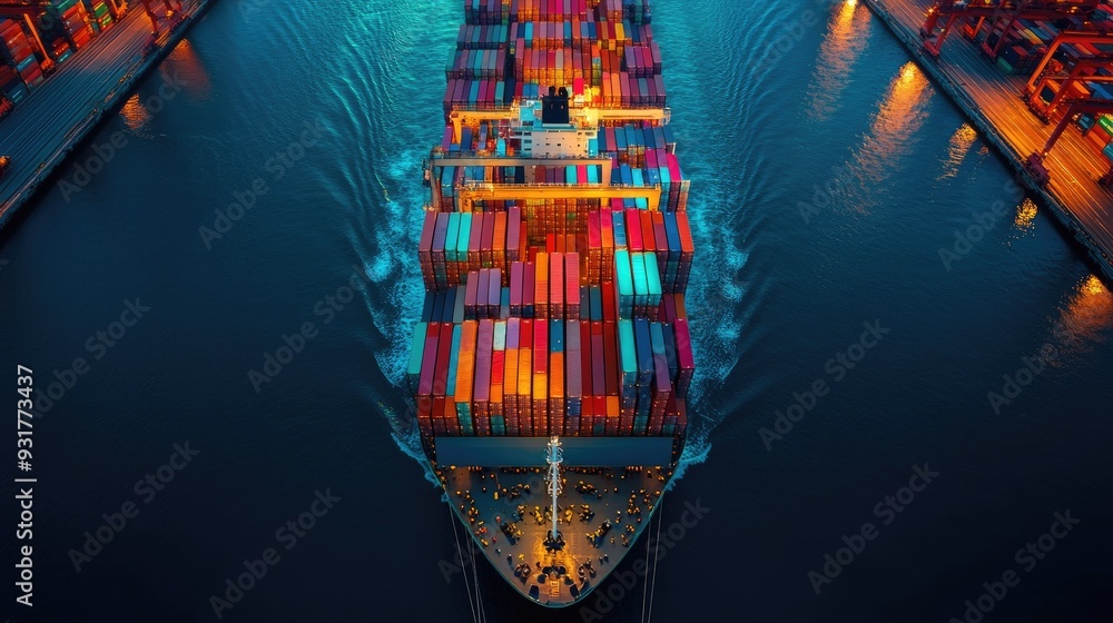 Container ship navigating a busy port, its deck packed with rows of ...