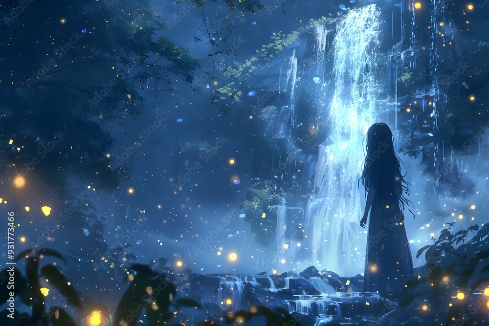 Fototapeta premium A pretty woman with blue hair stands by a waterfall&nbsp;at night with fireflies in the background.