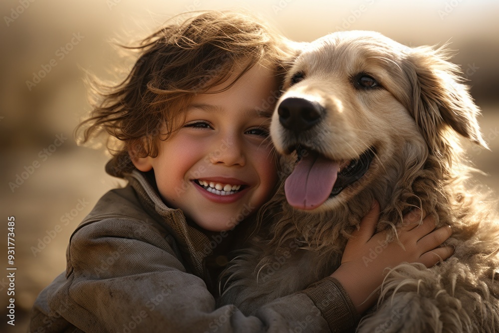 Happy joyful satisfied laughing child hugging beloved fluffy dog Happy joyful satisfied laughing child hugging beloved fluffy dog