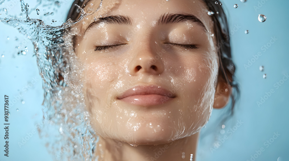 Close-up of a tranquil woman with her eyes closed, feeling the refreshing splash of water around her face against a blue backdrop. Close-up of a tranquil woman with her eyes closed, feeling the refreshing splash of water around her face against a blue backdrop.