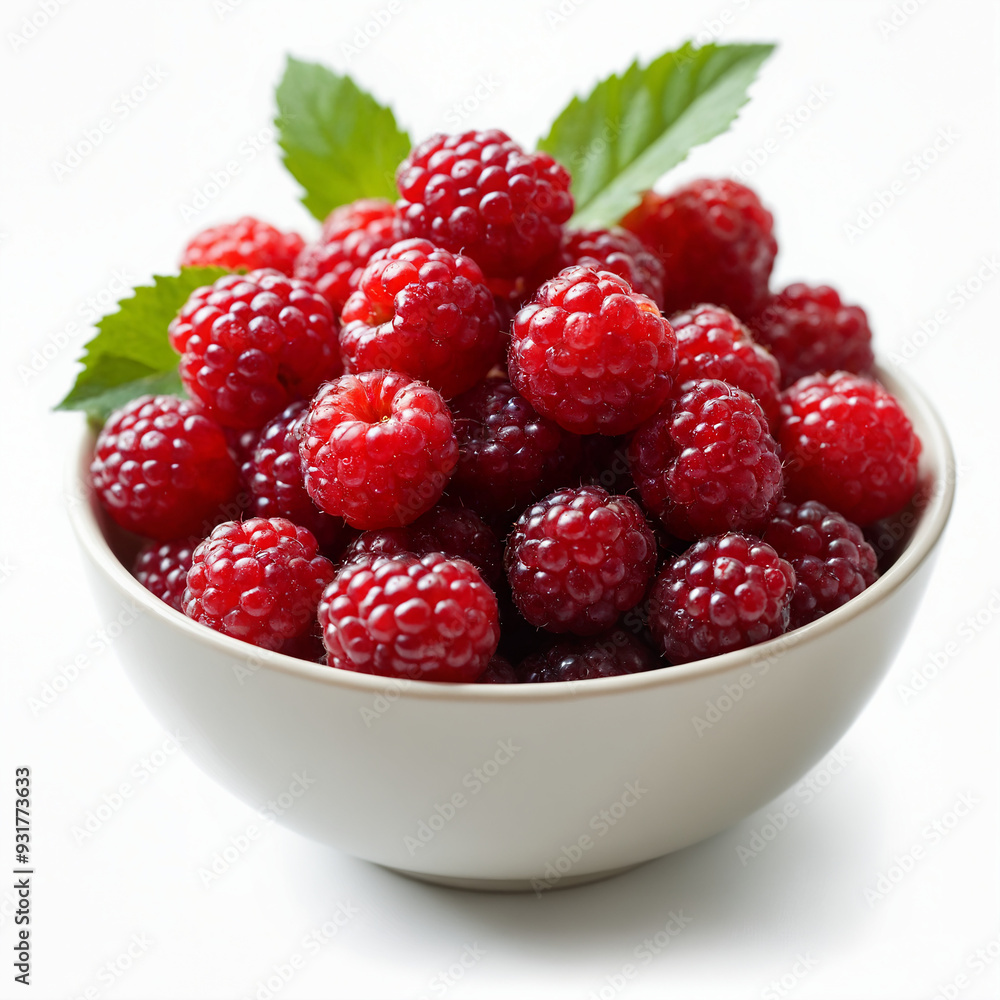 Bowl full of freshly picked raspberries with leaves on white background Bowl full of freshly picked raspberries with leaves on white background