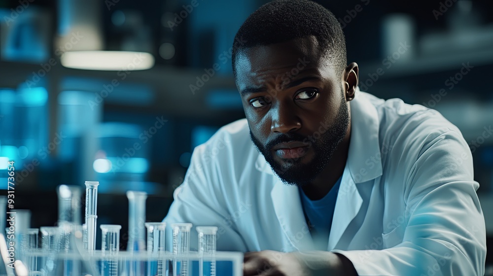 Innovative Research in Progress: Scientist in Lab Coat Actively Experimenting with Beakers and Test Tubes in a Futuristic High-Tech Lab Environment Innovative Research in Progress: Scientist in Lab Coat Actively Experimenting with Beakers and Test Tubes in a Futuristic High-Tech Lab Environment