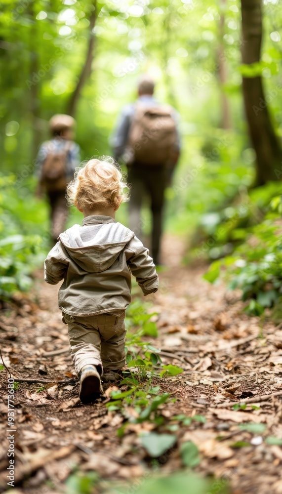 Family hiking trip in the forest, highlighting bonding and nature exploration focus on family adventure realistic Overlay dense forest backdrop Family hiking trip in the forest, highlighting bonding and nature exploration focus on family adventure realistic Overlay dense forest backdrop