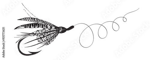 Fly fishing hook. Vintage lure tied with feathers hand draw by ink.	