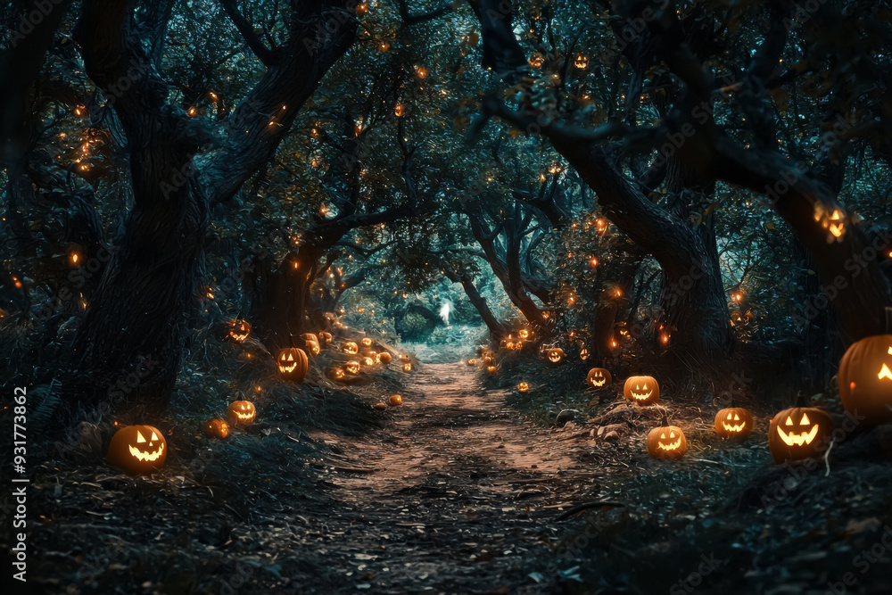 Eerie Halloween Night in the Haunted Woods. A spine-tingling scene of a dark, twisted forest filled with glowing jack-o'-lanterns, creating an atmosphere of fear and Halloween magic.
Eerie Halloween Night in the Haunted Woods. A spine-tingling scene of a dark, twisted forest filled with glowing jack-o'-lanterns, creating an atmosphere of fear and Halloween magic.