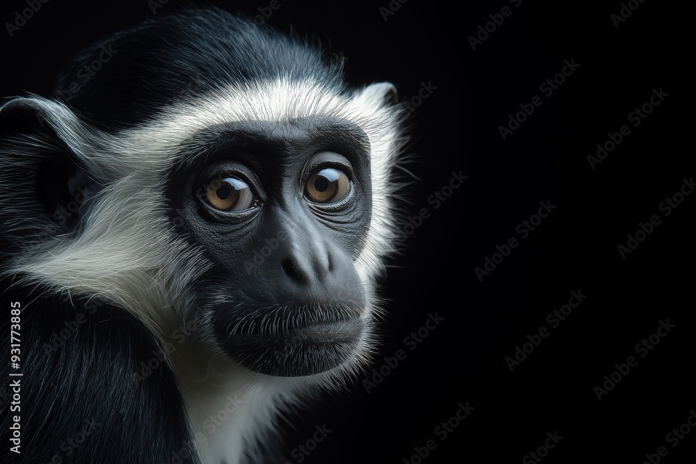 Obraz premium Photo of a Black & White Colobus monkey isolated against a black background, emphasising the Black & White Colobus monkey's majestic features. Wildlife and conservation concept, space for copy.