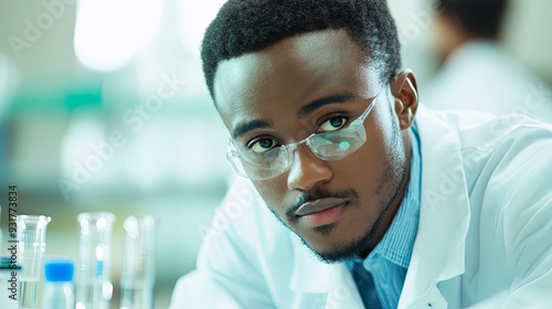 Innovative Research in Progress: Scientist in Lab Coat Actively Experimenting with Beakers and Test Tubes in a Futuristic High-Tech Lab Environment photo