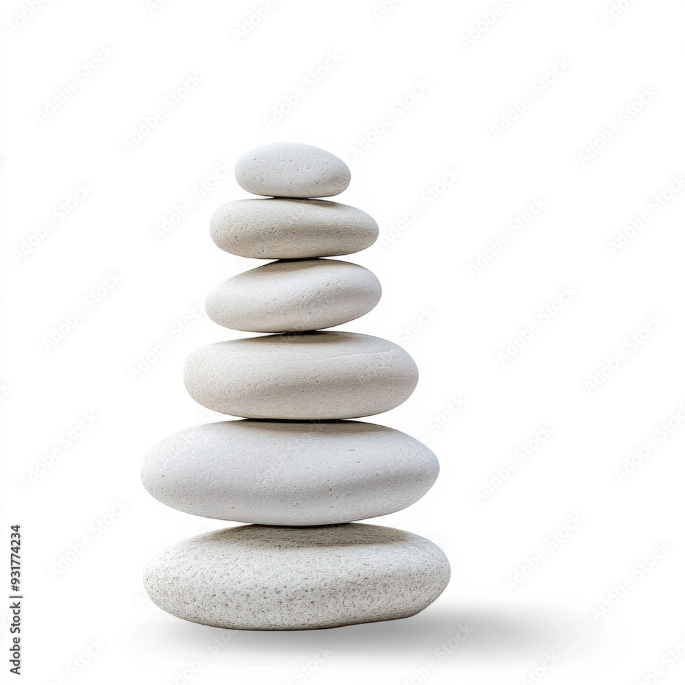 A stack of stones on a white background with an orange bird, AI A stack of stones on a white background with an orange bird, AI