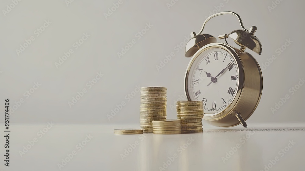 The concept of time and money illustrated with an alarm clock and stacks of coins, placed on a clean, white surface. The concept of time and money illustrated with an alarm clock and stacks of coins, placed on a clean, white surface.