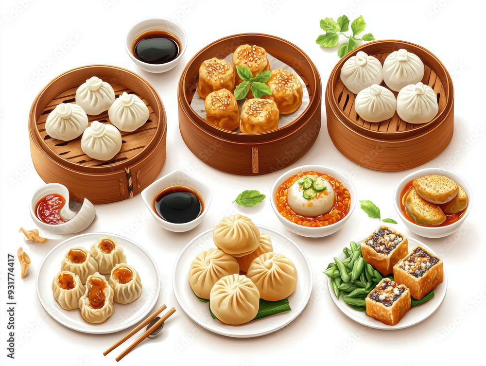 Assorted Chinese dim sum with steamed buns, dumplings, and side dishes served in bamboo steamers and plates. Assorted Chinese dim sum with steamed buns, dumplings, and side dishes served in bamboo steamers and plates.