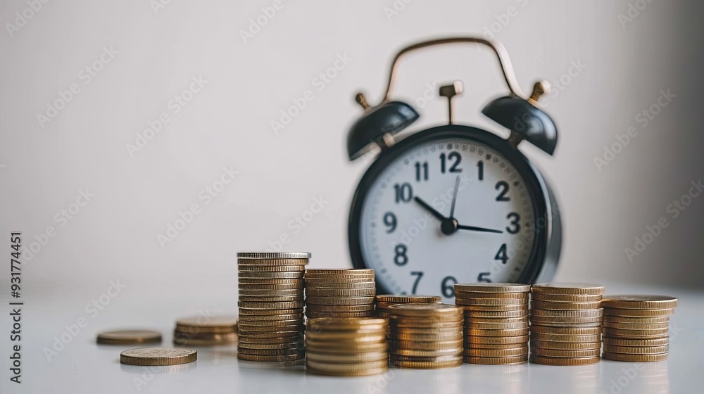The concept of time and money illustrated with an alarm clock and stacks of coins, placed on a clean, white surface. The concept of time and money illustrated with an alarm clock and stacks of coins, placed on a clean, white surface.