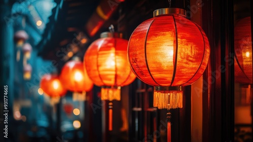 Wallpaper Mural Traditional red lanterns hang in a Chinese temple, illuminating the night with a mystical, cultural ambiance. Torontodigital.ca