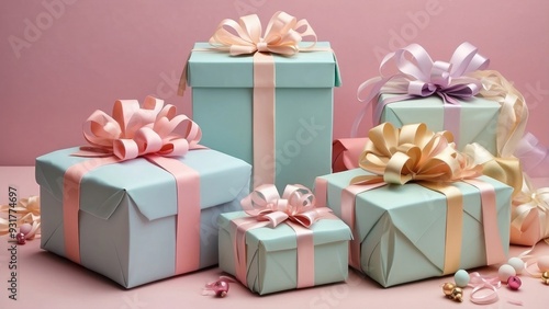 Soft pastel presents with ribbons, playful and festive.-