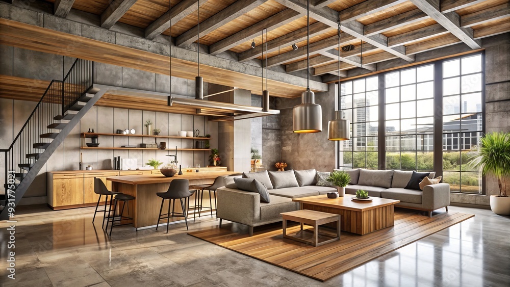 Unfinished wood and exposed concrete collide in a design that's both unfinished and raw, capturing the spirit of urban renewal with a palette of gray and brown. Unfinished wood and exposed concrete collide in a design that's both unfinished and raw, capturing the spirit of urban renewal with a palette of gray and brown.