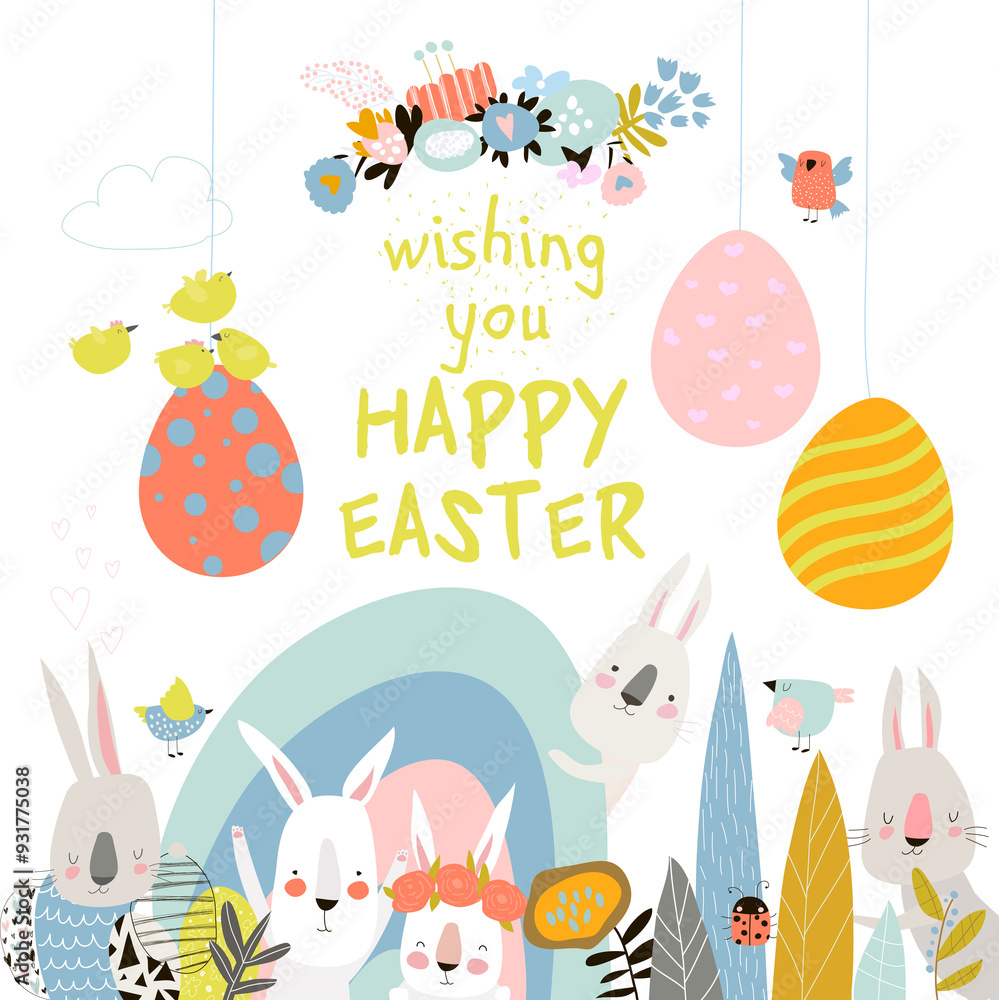 Cute cartoon bunny with Easter eggs and flowers Cute cartoon bunny with Easter eggs and flowers