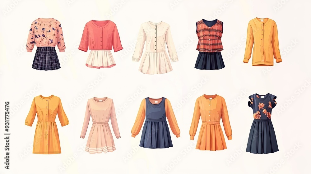 Collection of 10 stylish women's clothing items, including tops, skirts, dresses, and a jacket, isolated on white. Collection of 10 stylish women's clothing items, including tops, skirts, dresses, and a jacket, isolated on white.