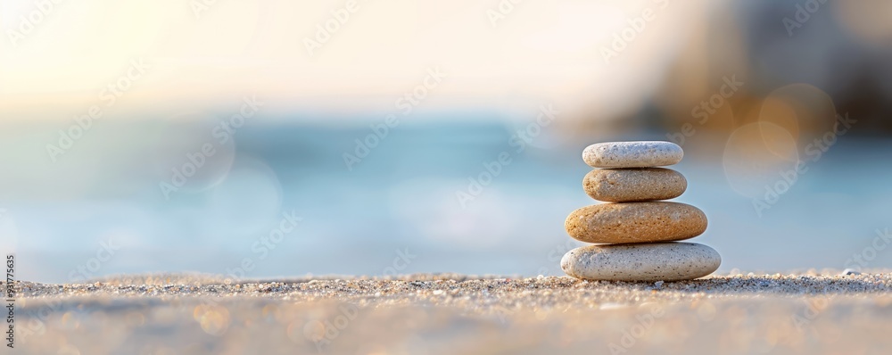 Guided meditation by the sea, capturing tranquility and focus selective focus ocean mindfulness ethereal Multilayer beach backdrop