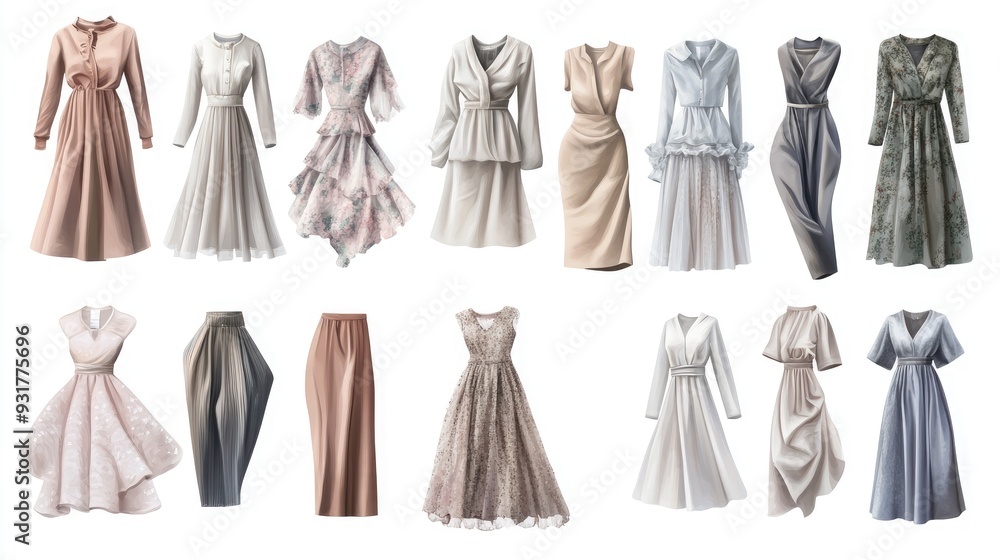 Collection of 14 Elegant Dresses for Women isolated on a white background. Collection of 14 Elegant Dresses for Women isolated on a white background.