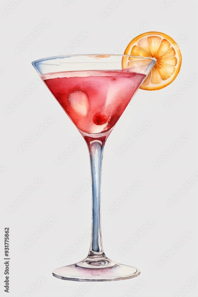 Watercolor painted a glass of cocktail Cosmopolitan isolated on clear white background. Generative AI. Watercolor painted a glass of cocktail Cosmopolitan isolated on clear white background. Generative AI.