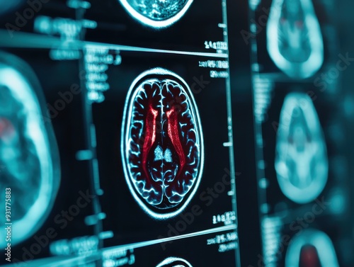 Detailed medical scan of a human brain highlighting critical areas for neurological analysis and research purposes. photo