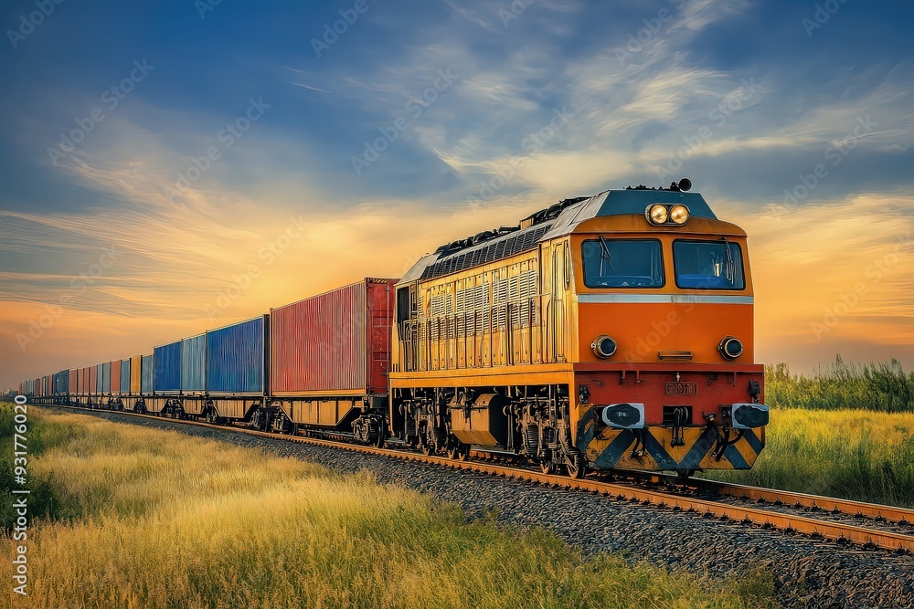 Obraz premium Freight train with colorful containers at sunset