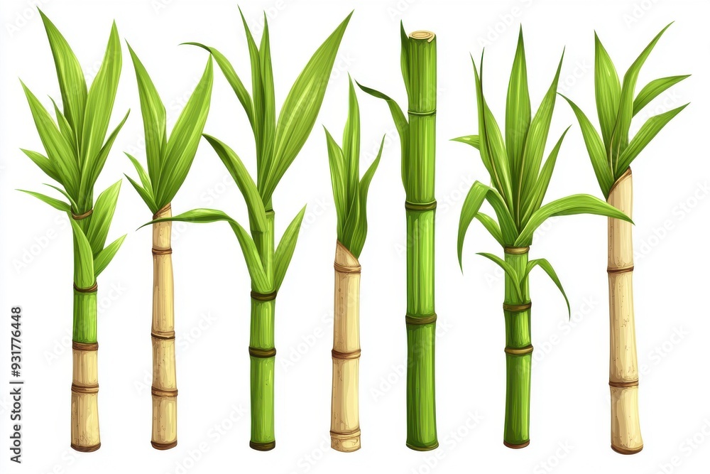 Sugarcane varieties. Gathering of native sugarcane sprouts, lush grass stalks featuring wide foliage in a flat design. Illustrated representation of cane on a light background