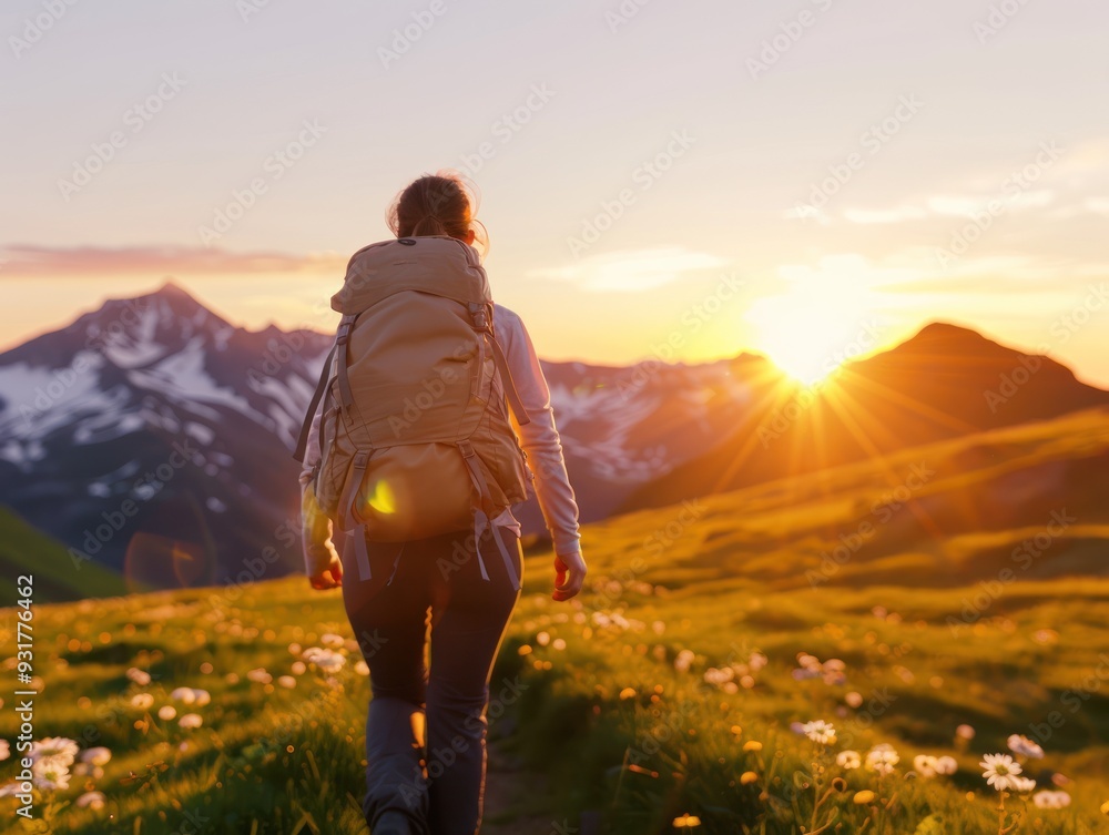 Hiking at dawn, showcasing the beauty of nature and early starts focus on dawn adventure whimsical Fusion sunrise backdrop