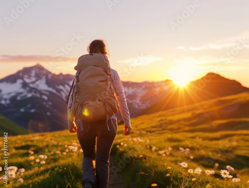 Obraz na płótnie Hiking at dawn, showcasing the beauty of nature and early starts focus on dawn adventure whimsical Fusion sunrise backdrop w salonie