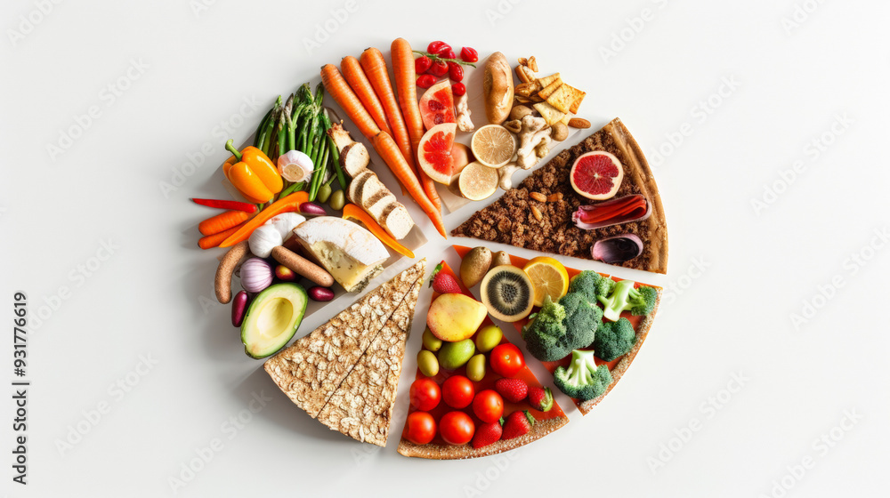 Conceptual representation where the traditional food pyramid is transformed into a pie chart, clean white background. Conceptual representation where the traditional food pyramid is transformed into a pie chart, clean white background.