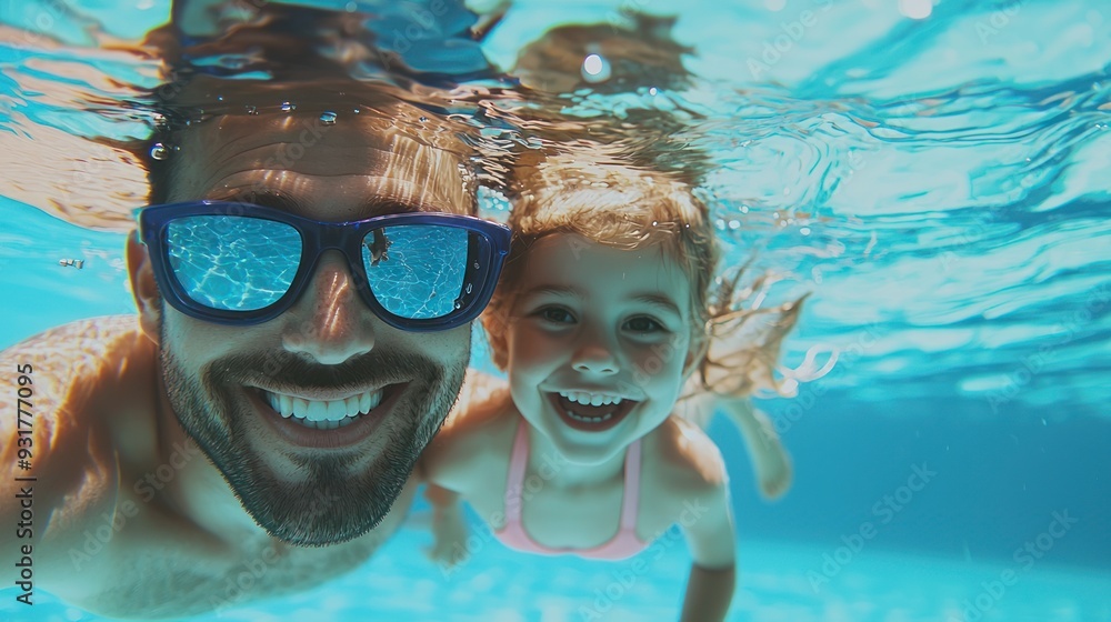 Naklejka premium Father & daughter swimming underwater in a pool on summer vacation. Googles water action shot. Happy family on holiday. Learning to swim. Blue Father's day banner concept