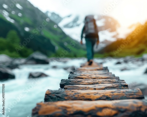 Illustrate a hiker crossing a narrow wooden bridge over a rushing river selective focus, nature challenge, dynamic, Silhouette, river backdrop photo